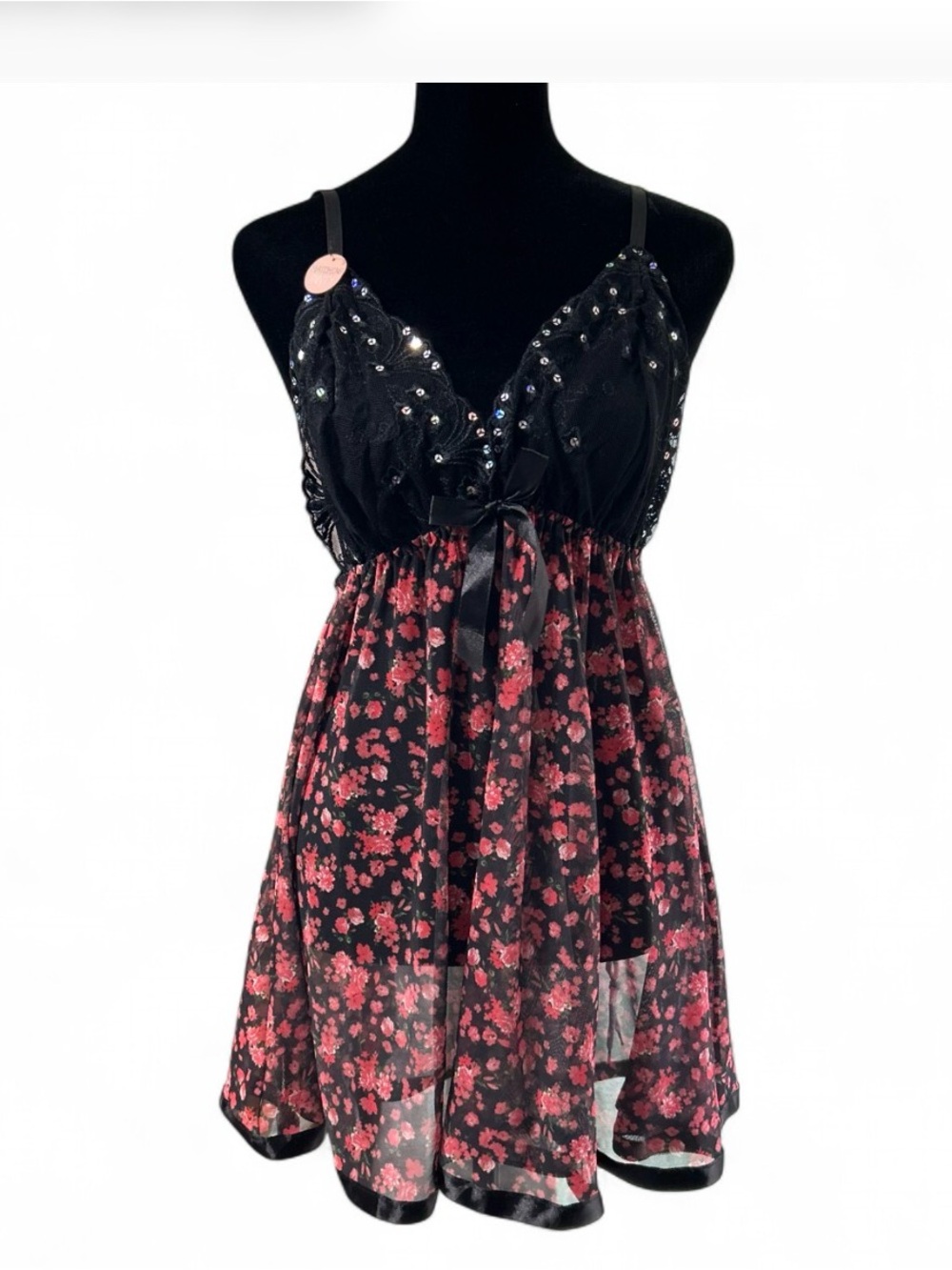SPREE INTIMATE Set Black & Red Floral Babydoll XL, W/Adjustable Straps & Sequin